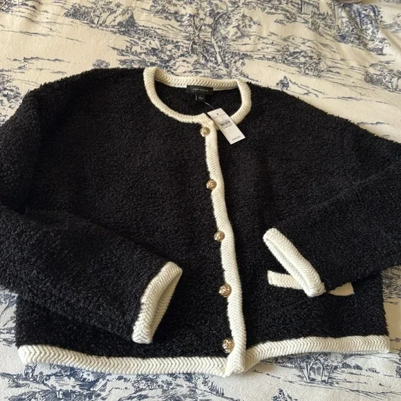 ANN TAYLOR Boucle Contrast Trim Sweater Jacket - Picture 5 of 6